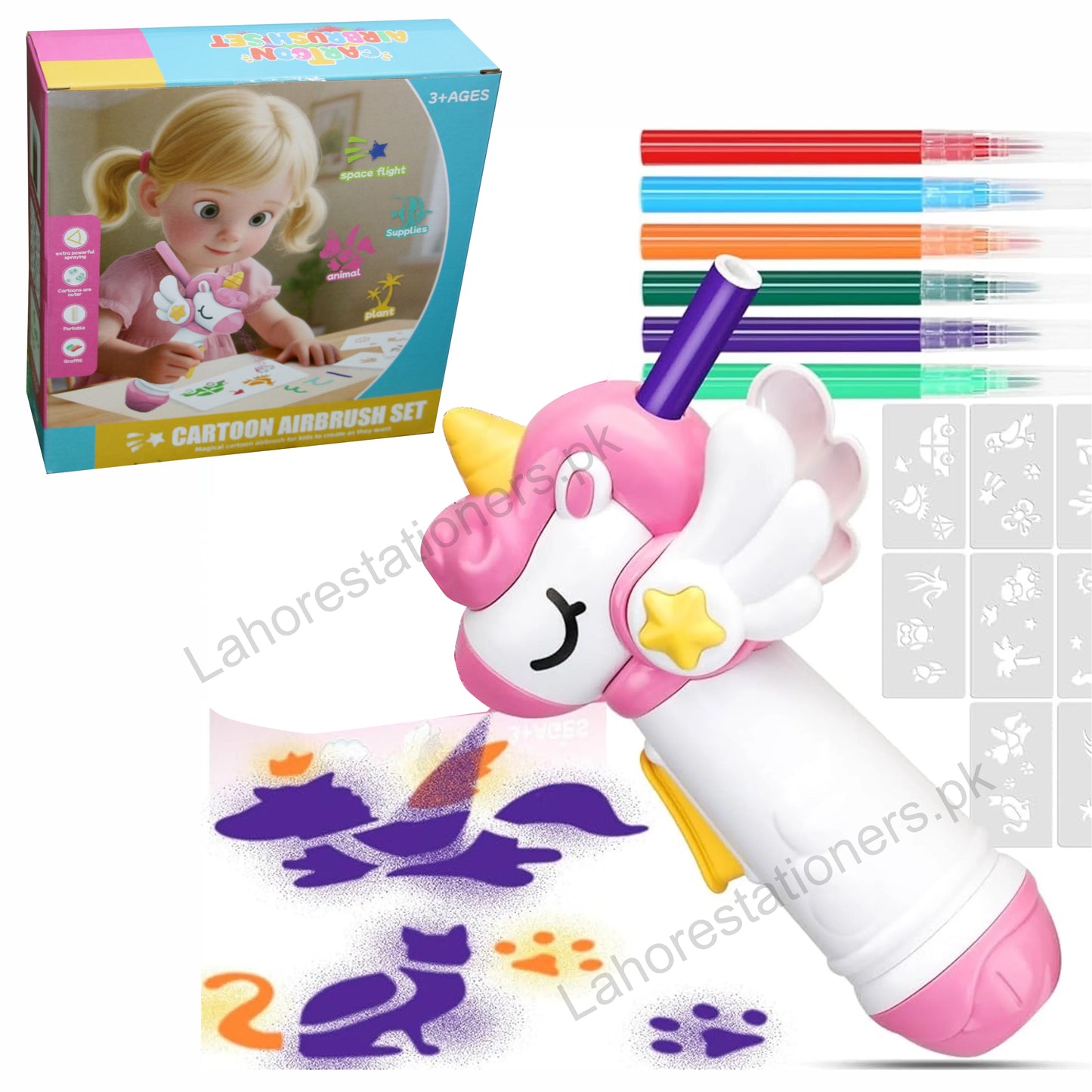 Kids Washable Coloring Mat Set with Reusable Markers & Airbrush Spray Art Kit