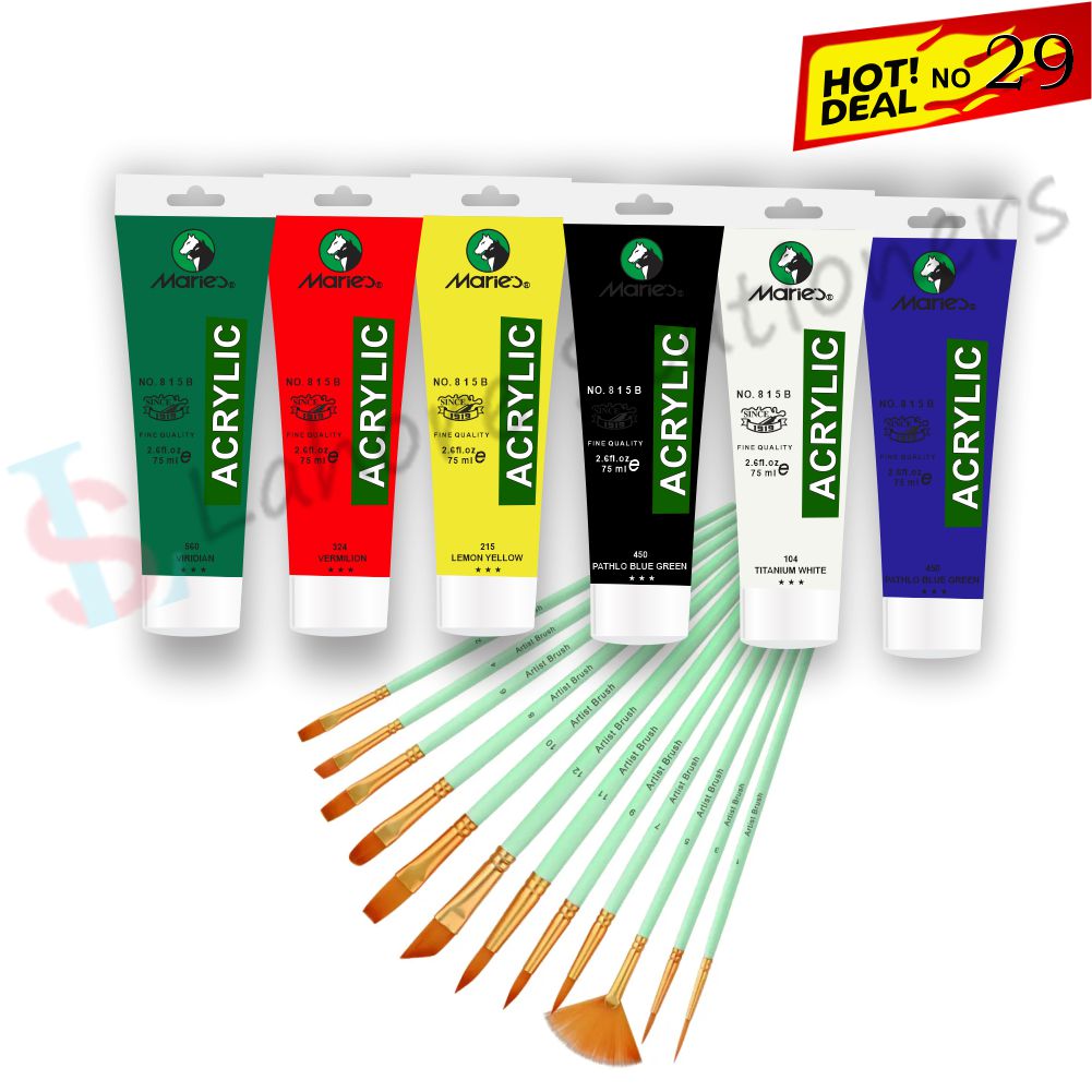 Deal 29 Marie’s Acrylic Paint Set 6 Colors (75ml Each) 12 Piece Paint Brush Set Complete Artist Kit