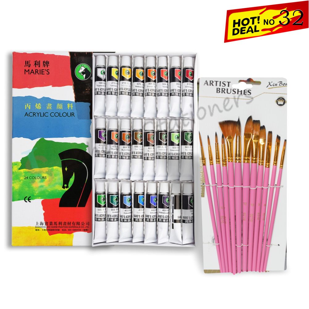 Deal 32 Marie’s Acrylic Paint Set 24 Colors 12-Piece Artist Brush Set Complete Painting Kit