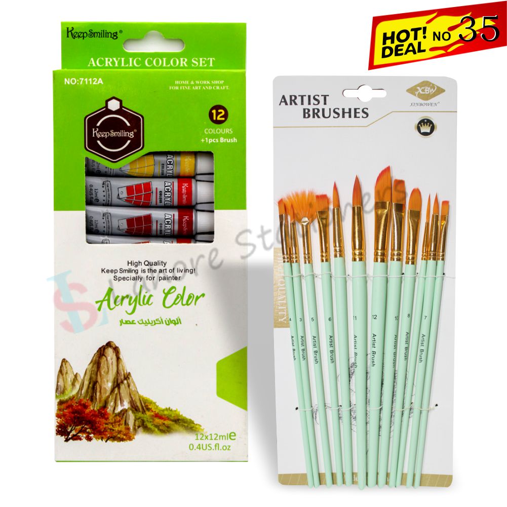 Deal 35 Acrylic Color Set of 12 Colors with 12 Piece Artist Brushes