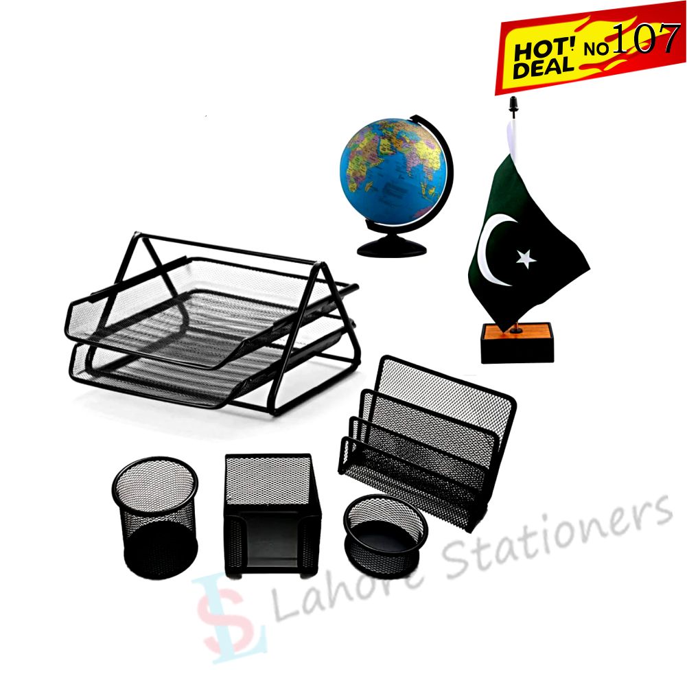 Deal 107 Office Metal Mesh Desk Organizer set with World Globe