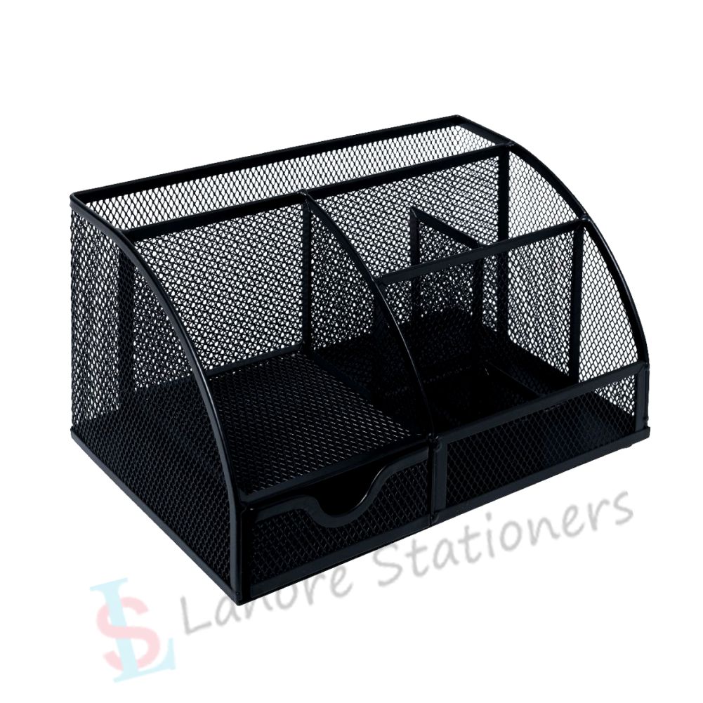 Metal Mesh Desk Organizer Pen Holder & Accessories Storage with 7 Compartments and Drawer,