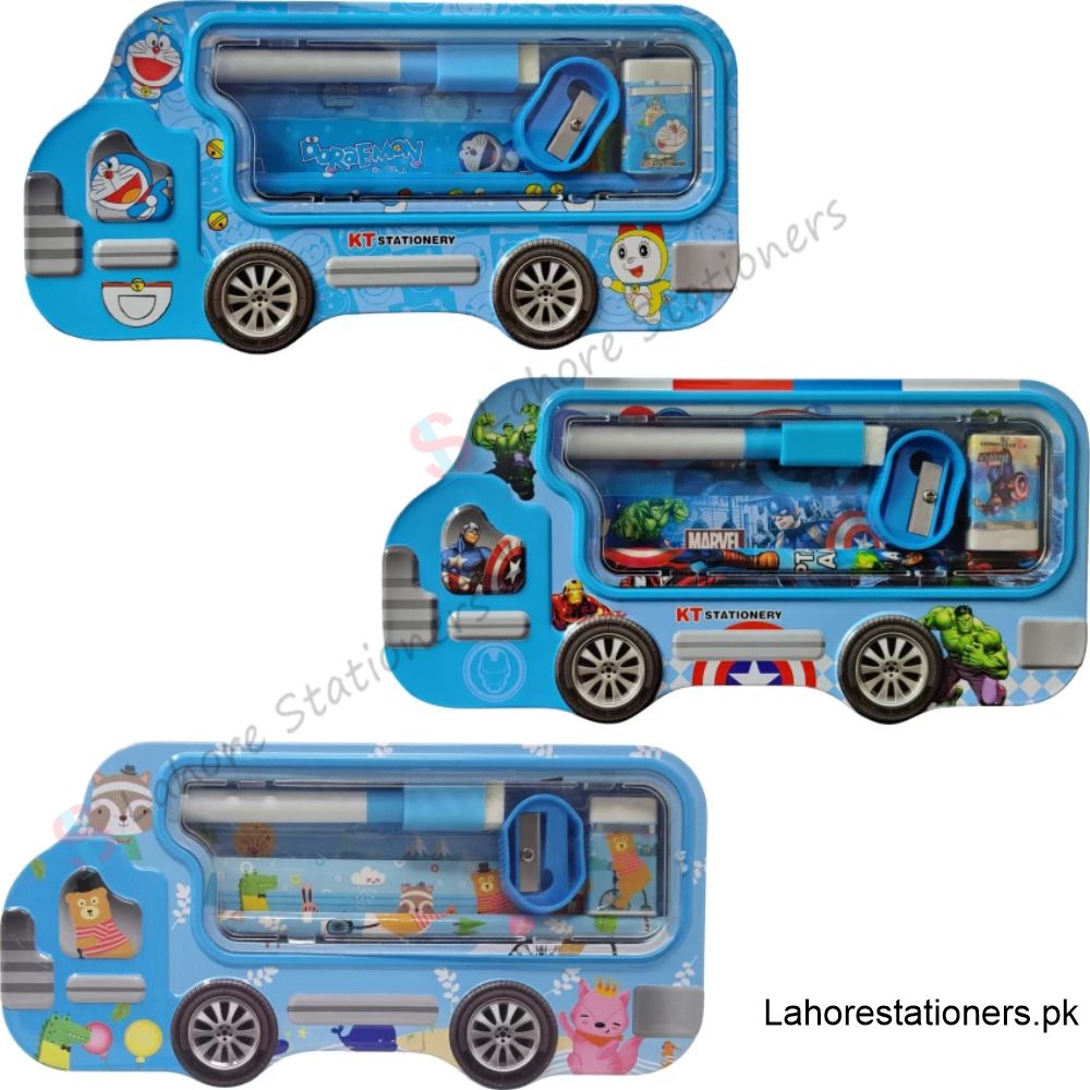 Cartoon Van Shape Metal Pencil Box with Accessories