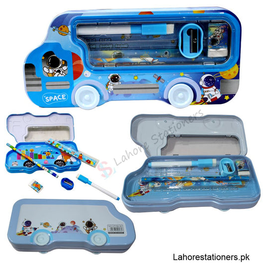 Cartoon Van Shape Metal Pencil Box with Accessories