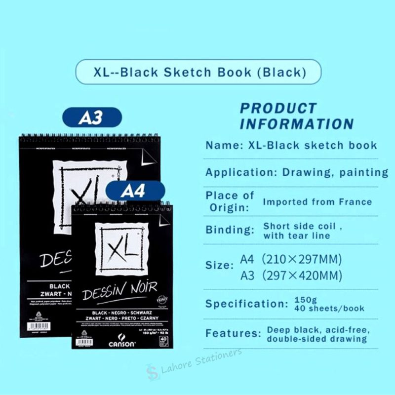Canson XL Dessin Noir Spiral Pad Contains Deep Black Acid free 150 gsm Paper 40 Sheets