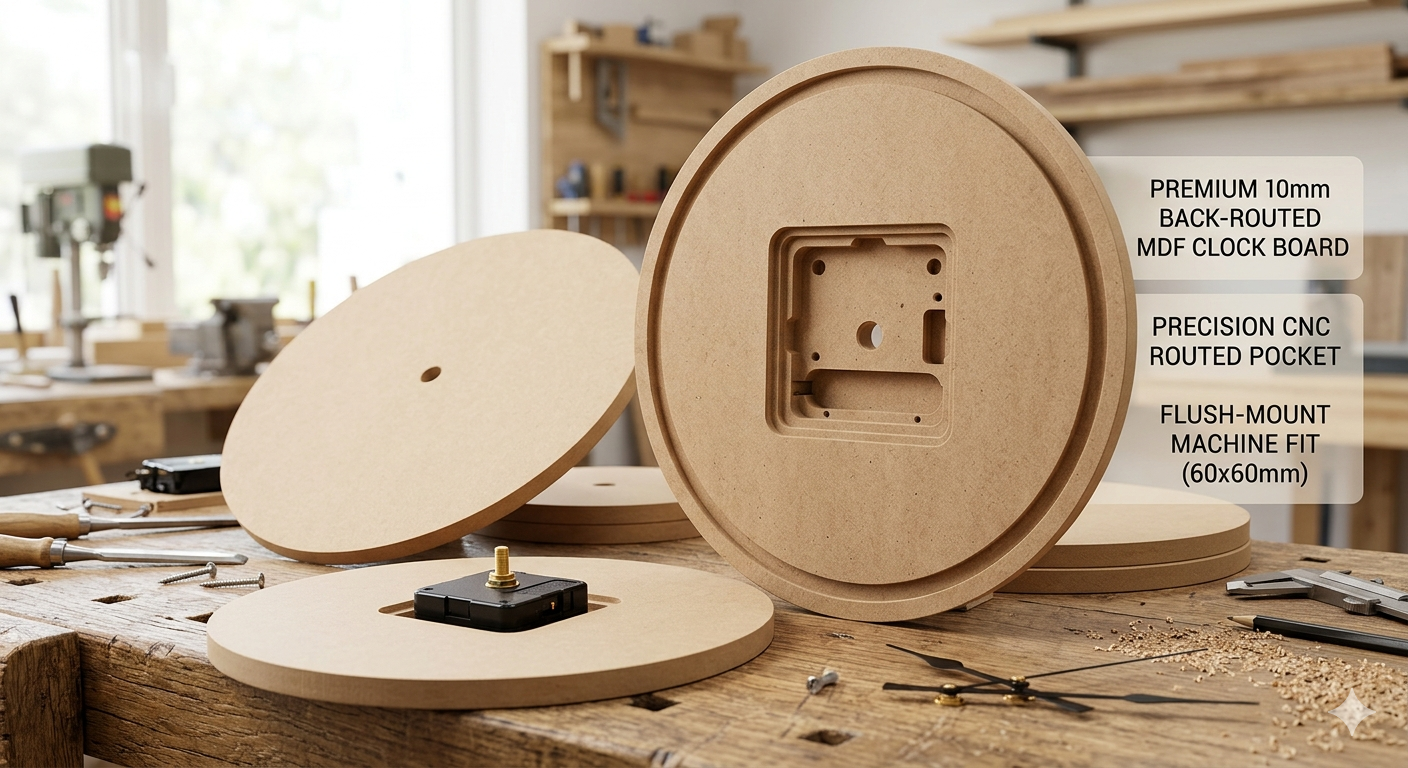 Premium 10mm Back-Routed MDF Round Clock Boards (with Flush-Mount Machine Pocket)
