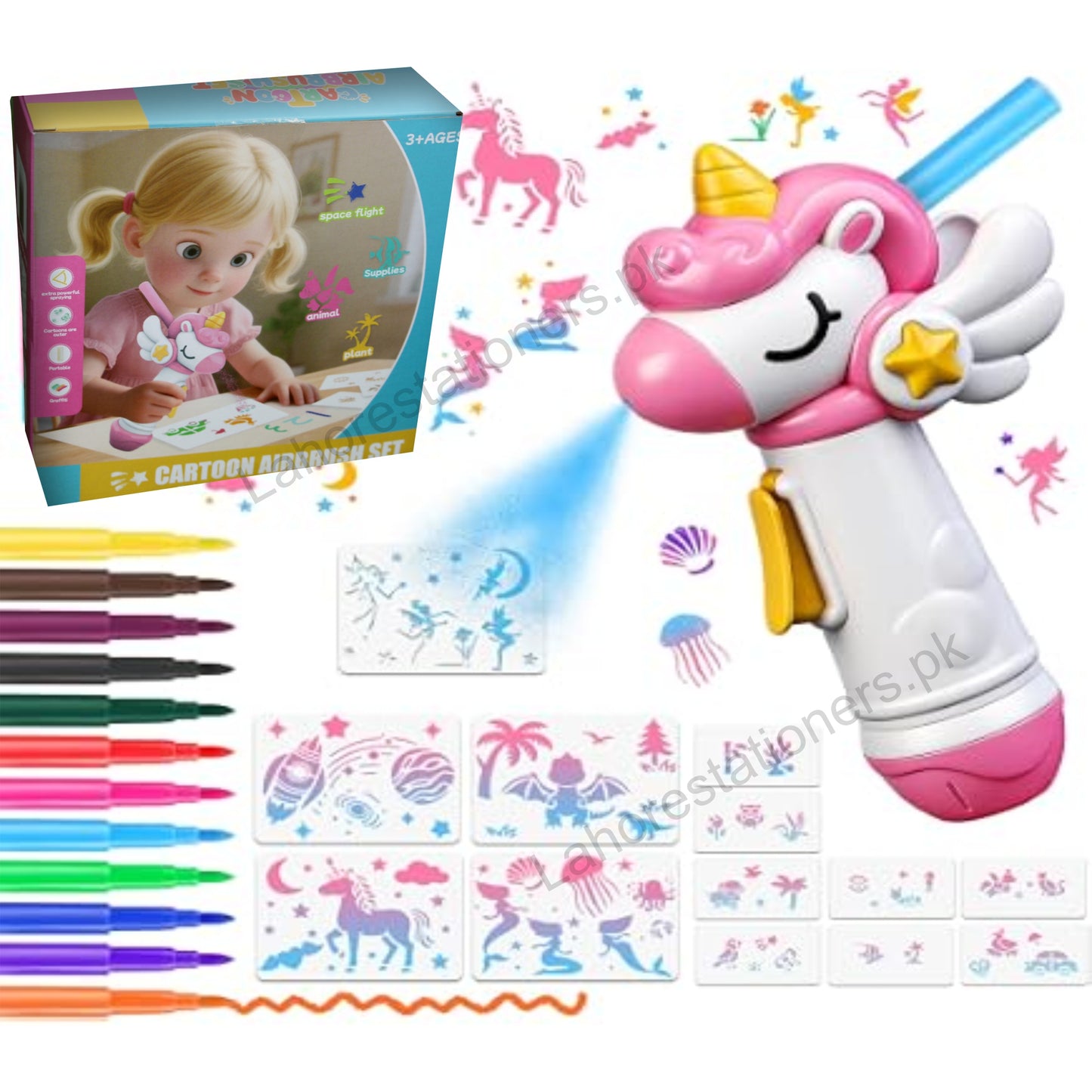 Kids Washable Coloring Mat Set with Reusable Markers & Airbrush Spray Art Kit