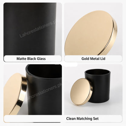 imported Empty Black Glass Candle Jar with Gold Metal Lid 220 ML