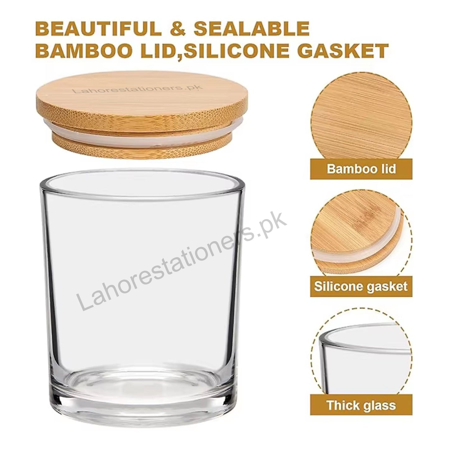 imported Empty Glass Candle Jar with Bamboo Lid & Silicone Gasket single piece
