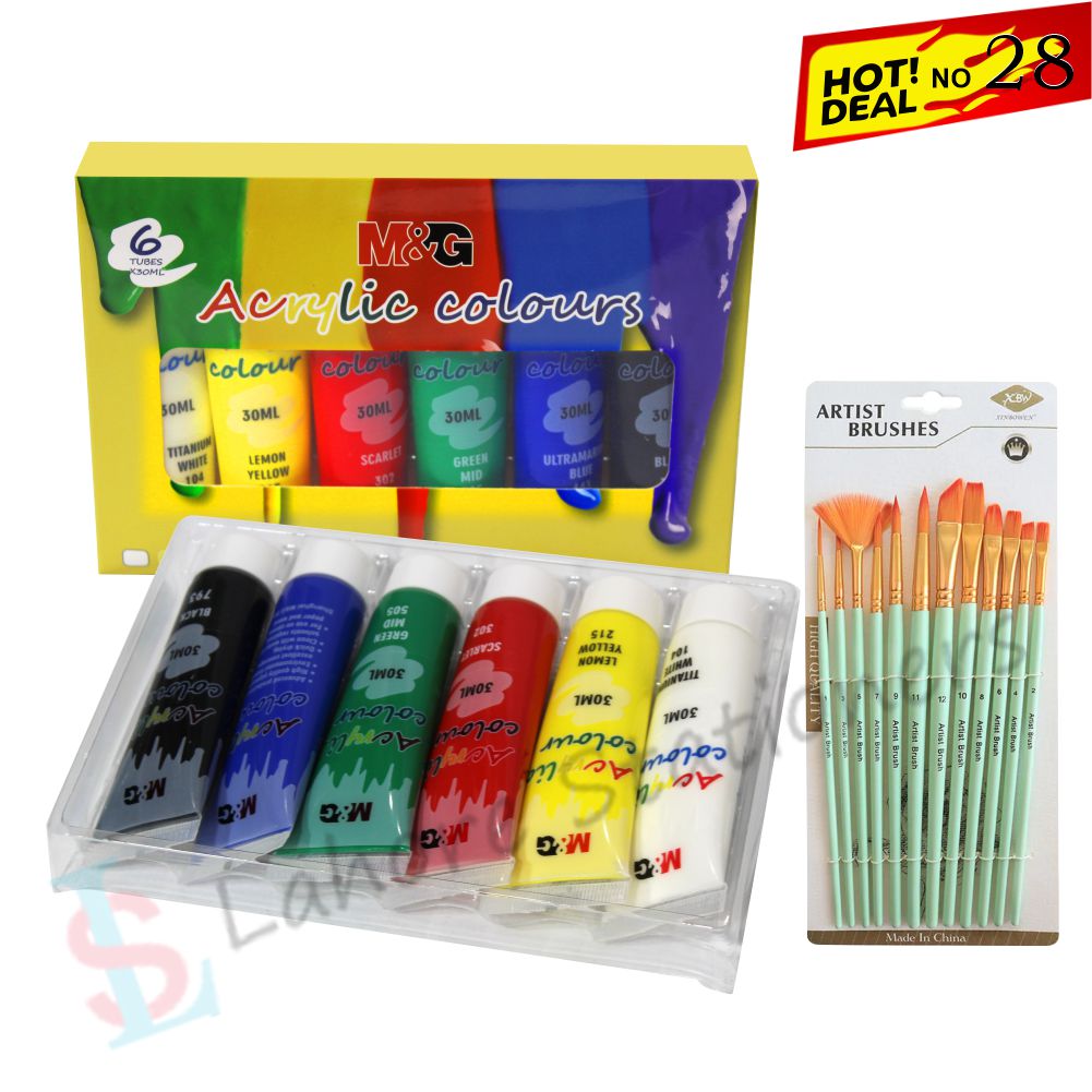 Deal 28 – M&G Acrylic Paint Set 6 Colors (30ml Each) + 12-Piece Paint Brush Set | Complete Art Kit