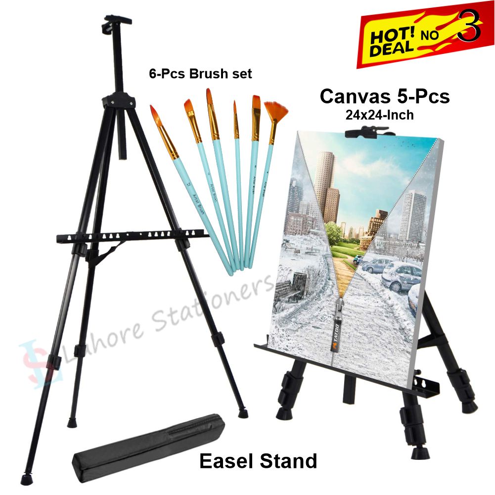 Deal 3 Easel Stand, Brush Set, Canvas 5Pcs 24x24 inch