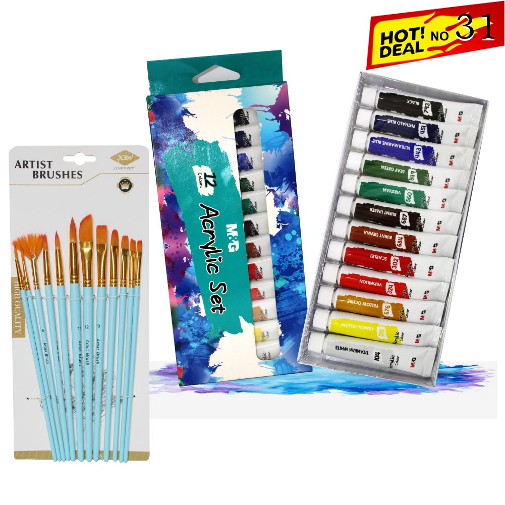 Deal 31: M&G Acrylic Color 12 Pcs Set with 12-Piece Artist Brushes Set