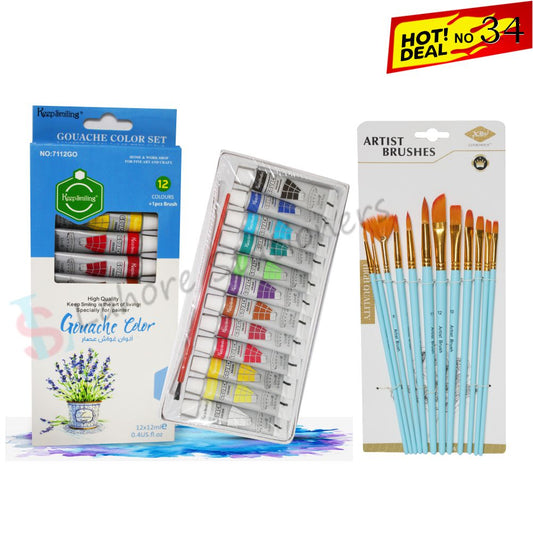 Deal 34  12 Colours Gouache Color Set with 12-Piece Artist Brushes