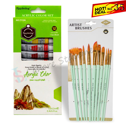 Deal 35  Acrylic Color Set of 12 Colors with 12 Piece Artist Brushes