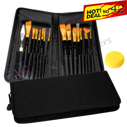 Deal 42 Oil & Acrylic Paint Brush Set with Professional Zippered Case Artist Brushes Kit