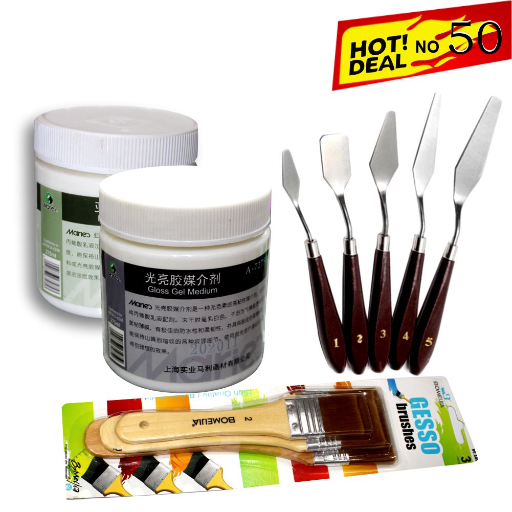 Deal 50: Gloss Gel, Painting Knife Set, Gesso & Brushes Complete Painting Kit