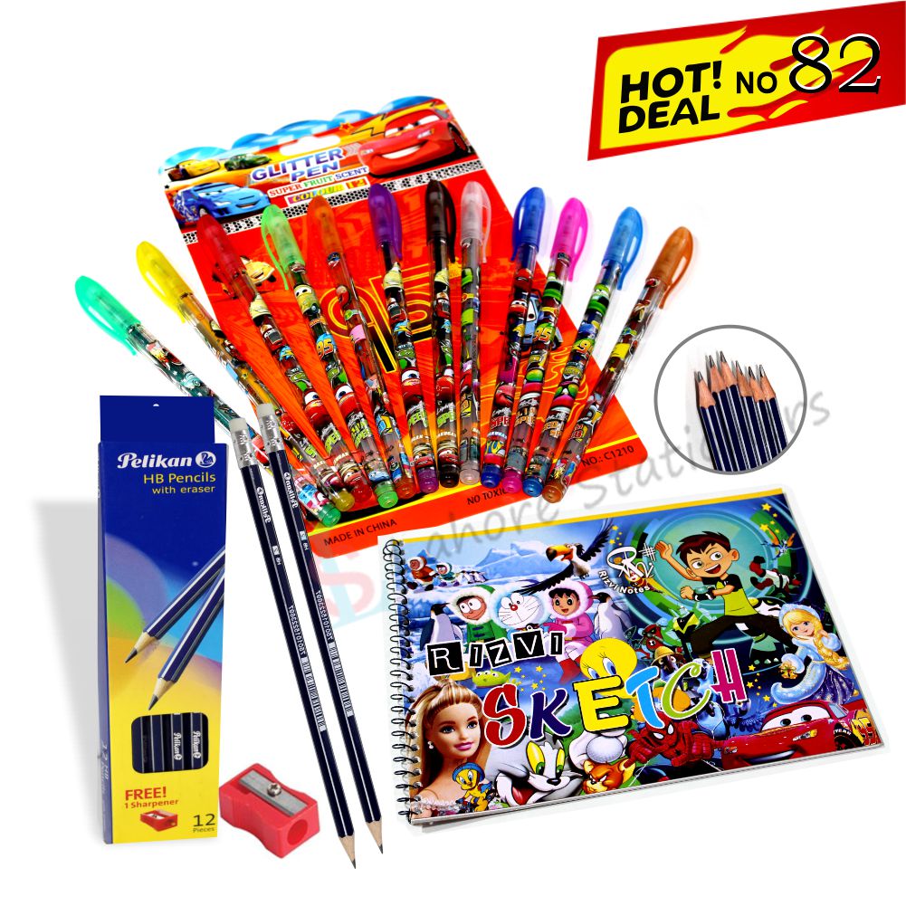 Deal 82 Glitter Pencils 12 + Pelikan HB Pencils Pack of 12 with Eraser, Free Sharpener & Sketch Book – Kids Art Set
