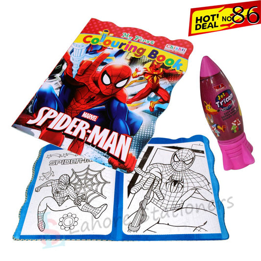 Deal 86 Spider‑Man Coloring Book + Jet Tricon 12 Color Pencils – Kids Art Set
