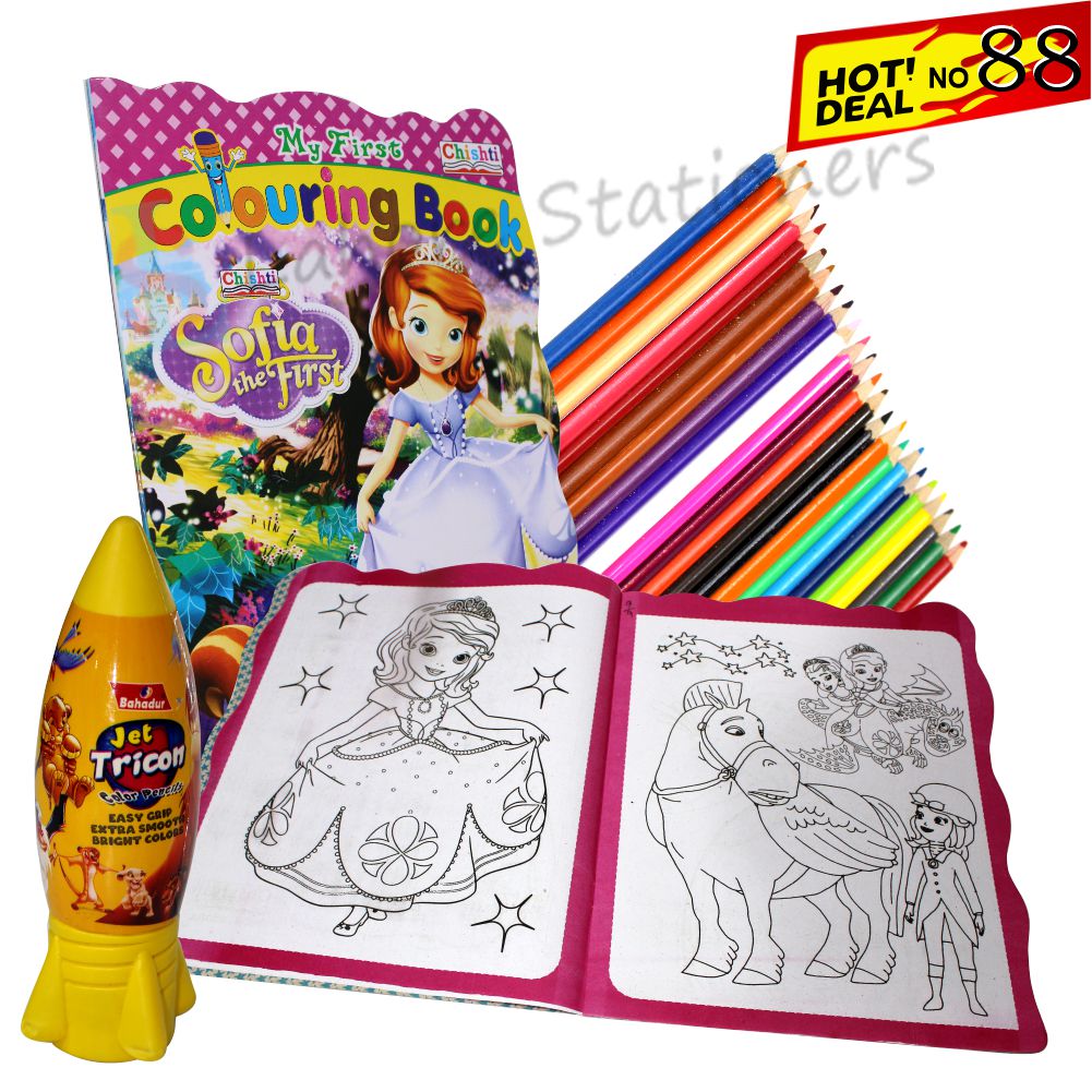 Deal 88 Sofia the First Colouring Book Jet Tricon 24 Color Pencils Set