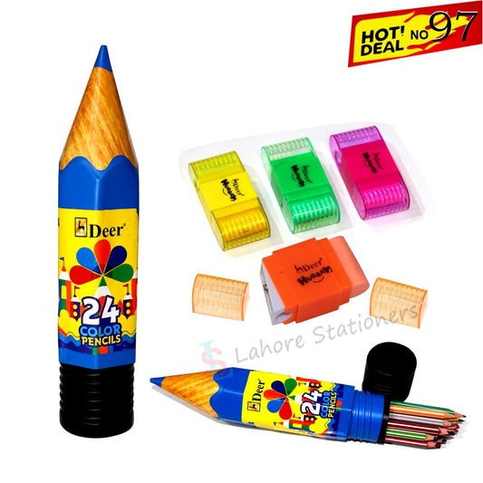 Deal 97: Deer Color Pencils 24 Colors Pencils Jar & Hurray Sharpener & Eraser