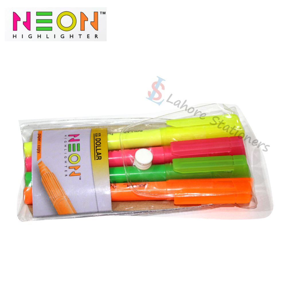 Dollar Highlighter Neon Fluorescent Colors Pack of 4Pcs