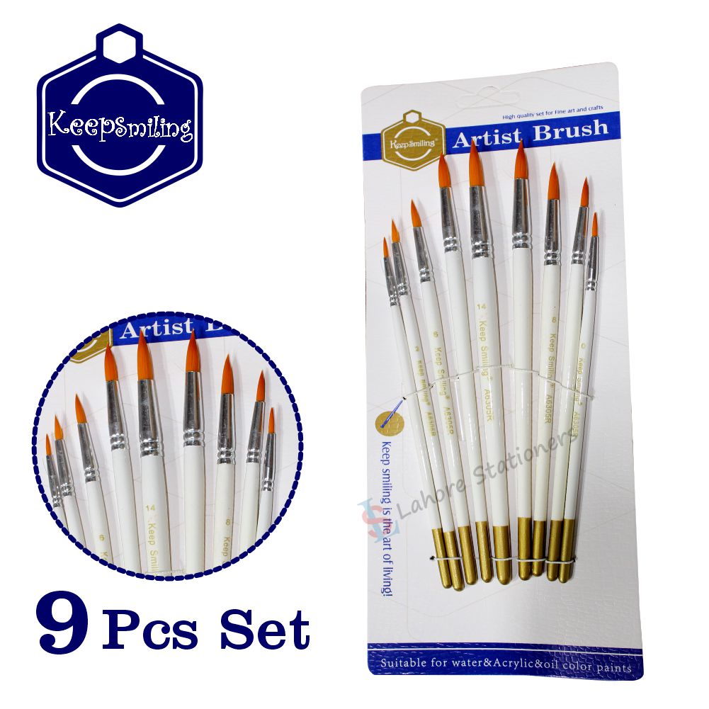 Keep Smiling Round Brush 9 Pcs Drawing Artist Paint Brushes Set