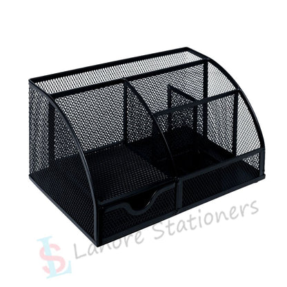 Metal Mesh Desk Organizer Pen Holder & Accessories Storage with 7 Compartments and Drawer,