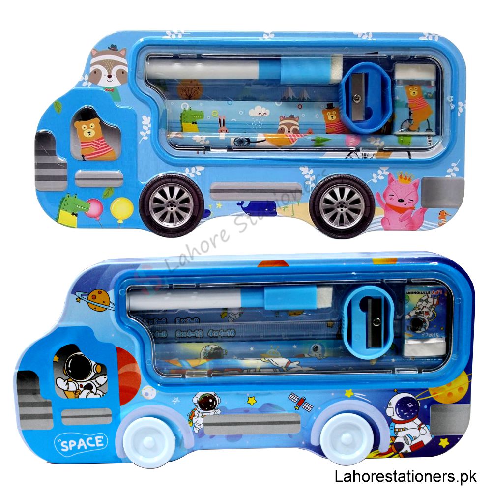 Cartoon Van Shape Metal Pencil Box with Accessories