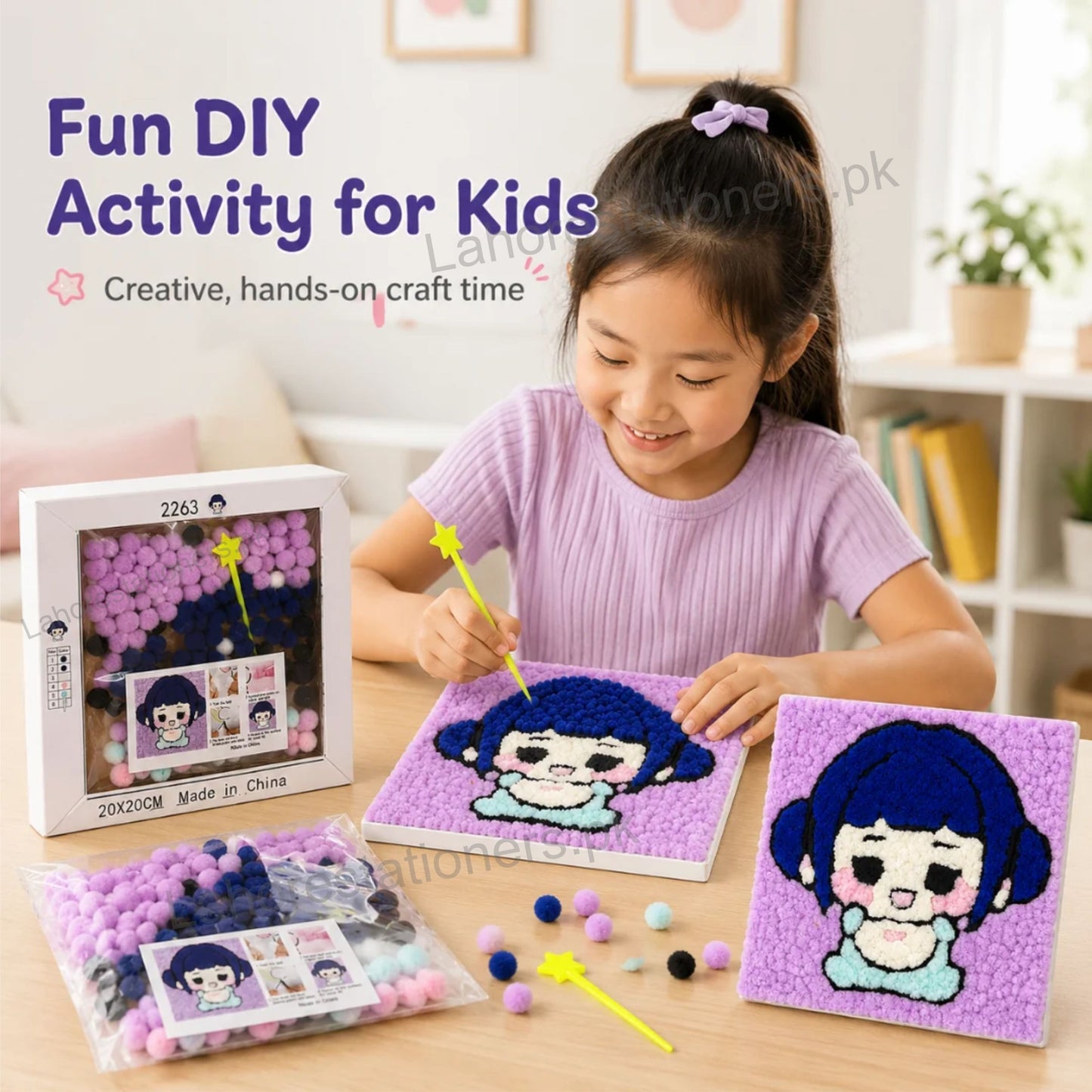Pom Pom Balls Canvas Art for Kids 20×20 cm Cute Character DIY Craft Set