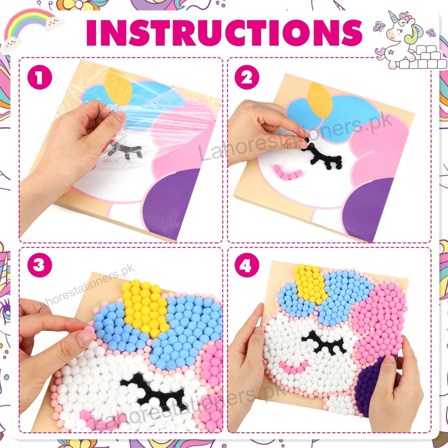 Pom Pom Balls Canvas Art for Kids 20×20 cm Cute Character DIY Craft Set