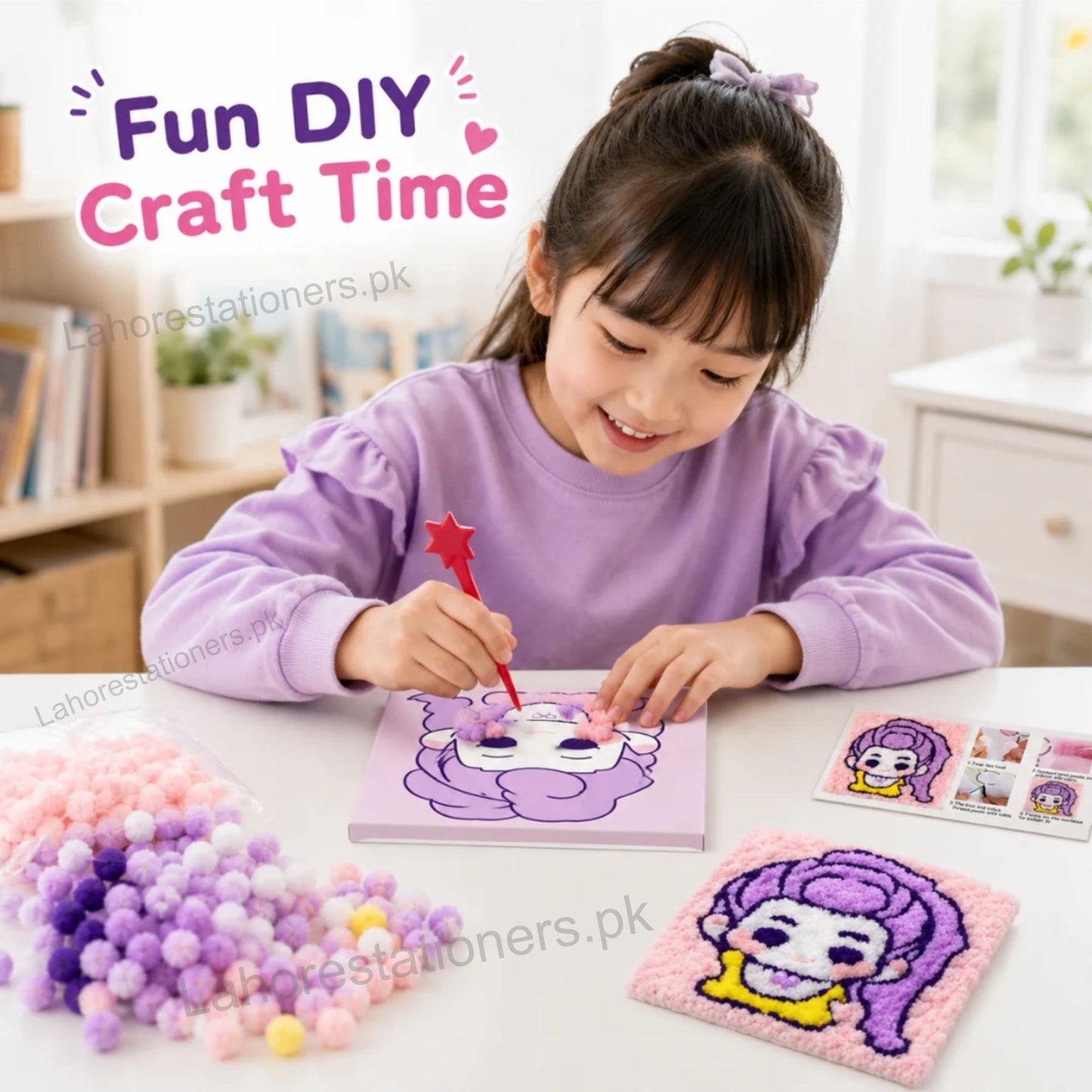 Pom Pom Balls Canvas Art for Kids 20×20 cm Cute Character DIY Craft Set