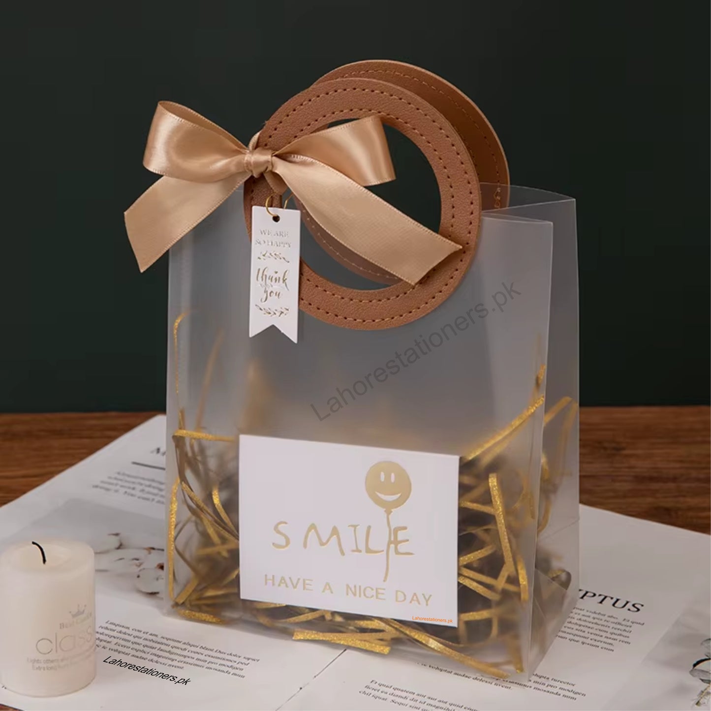 Premium Transparent PVC Gift Bag with Leather Webbing Handle