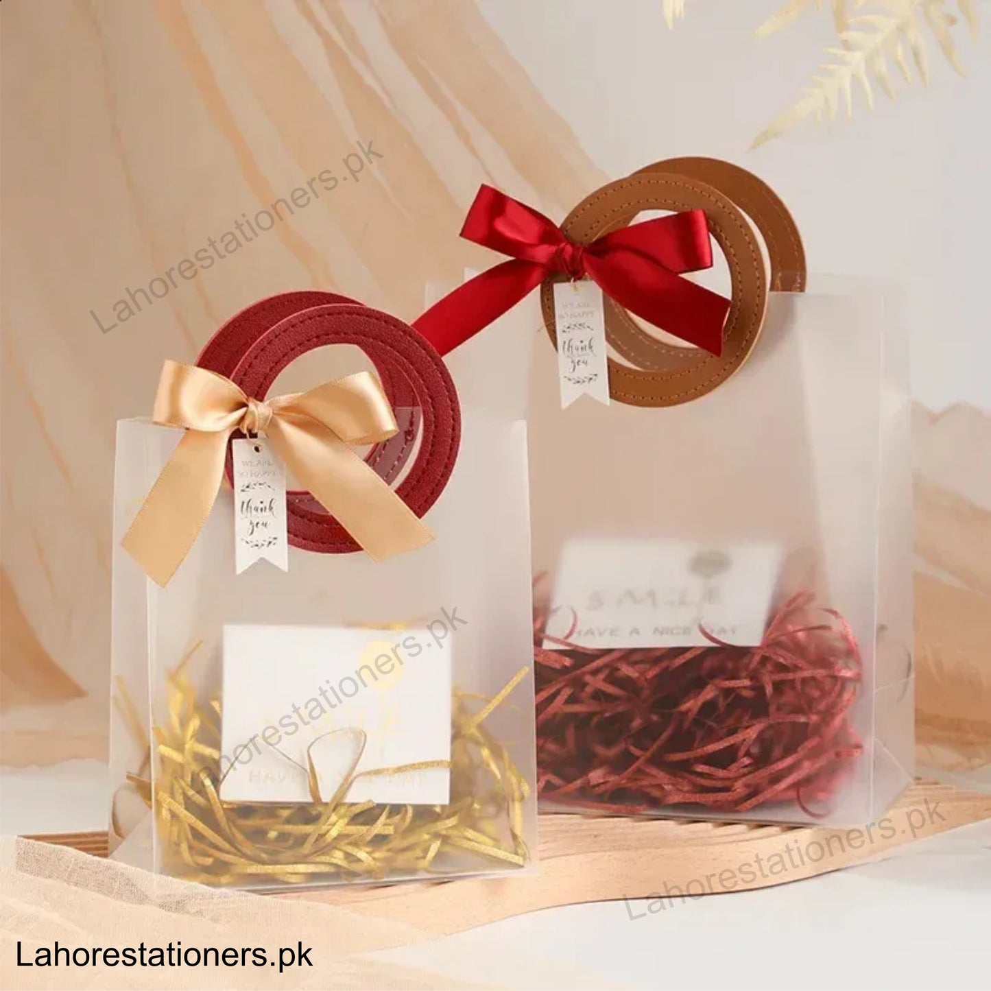Premium Transparent PVC Gift Bag with Leather Webbing Handle