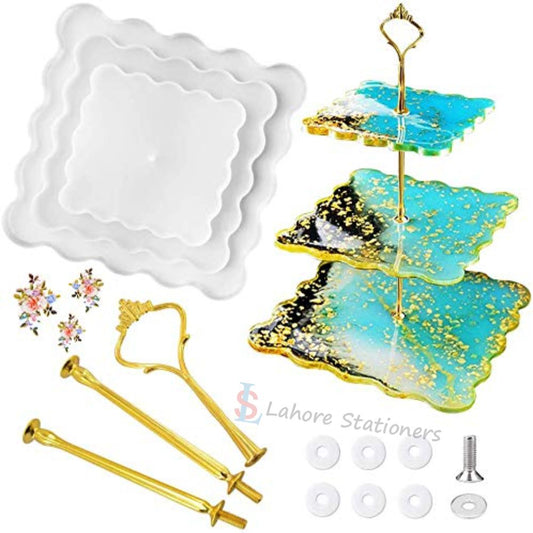 Three LayerTray square Shapes Silicone Mold  For Resin With 3 Step Stand Handle Holder