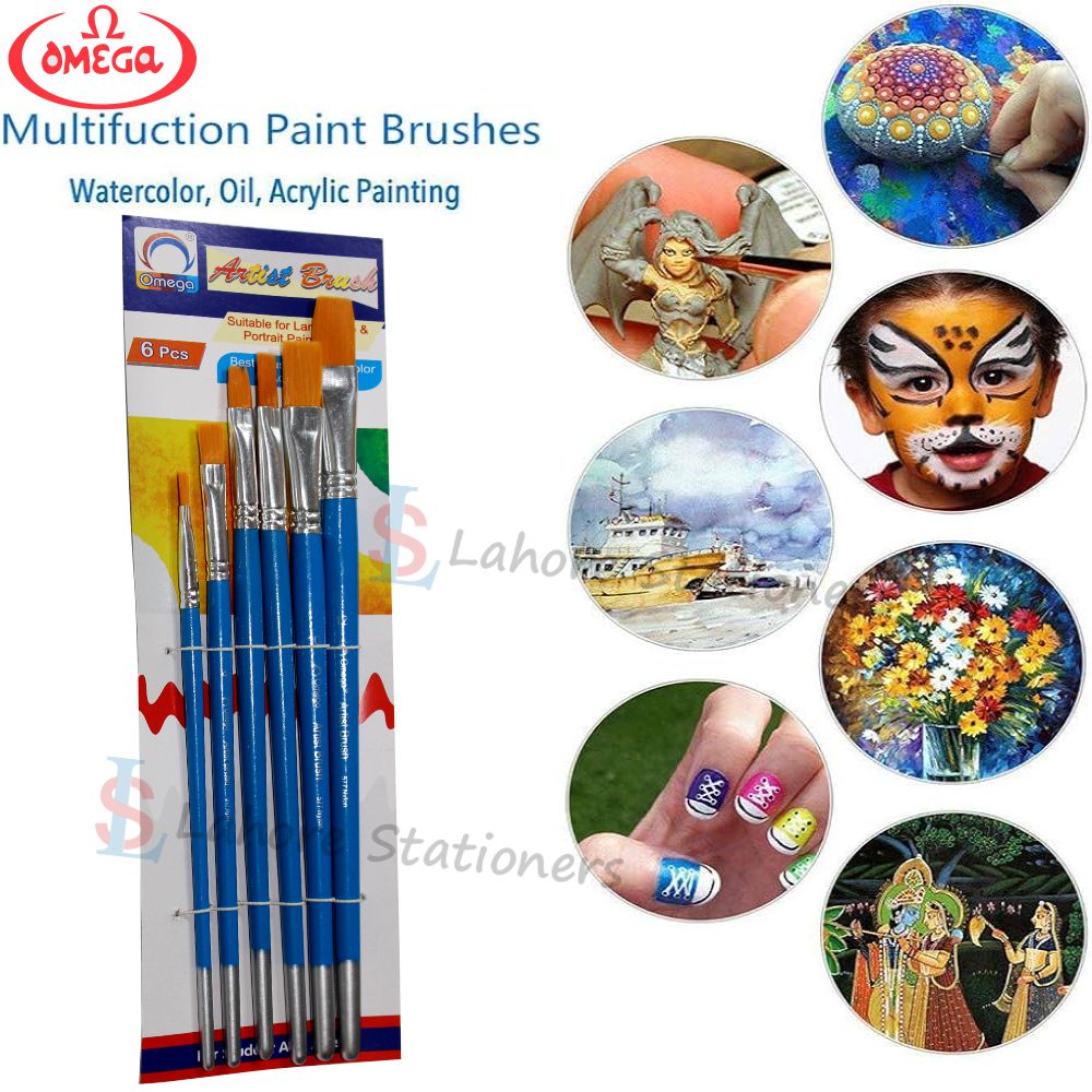 Omega Artist Falt Tip Brushes Set 6 Pcs Long Handle