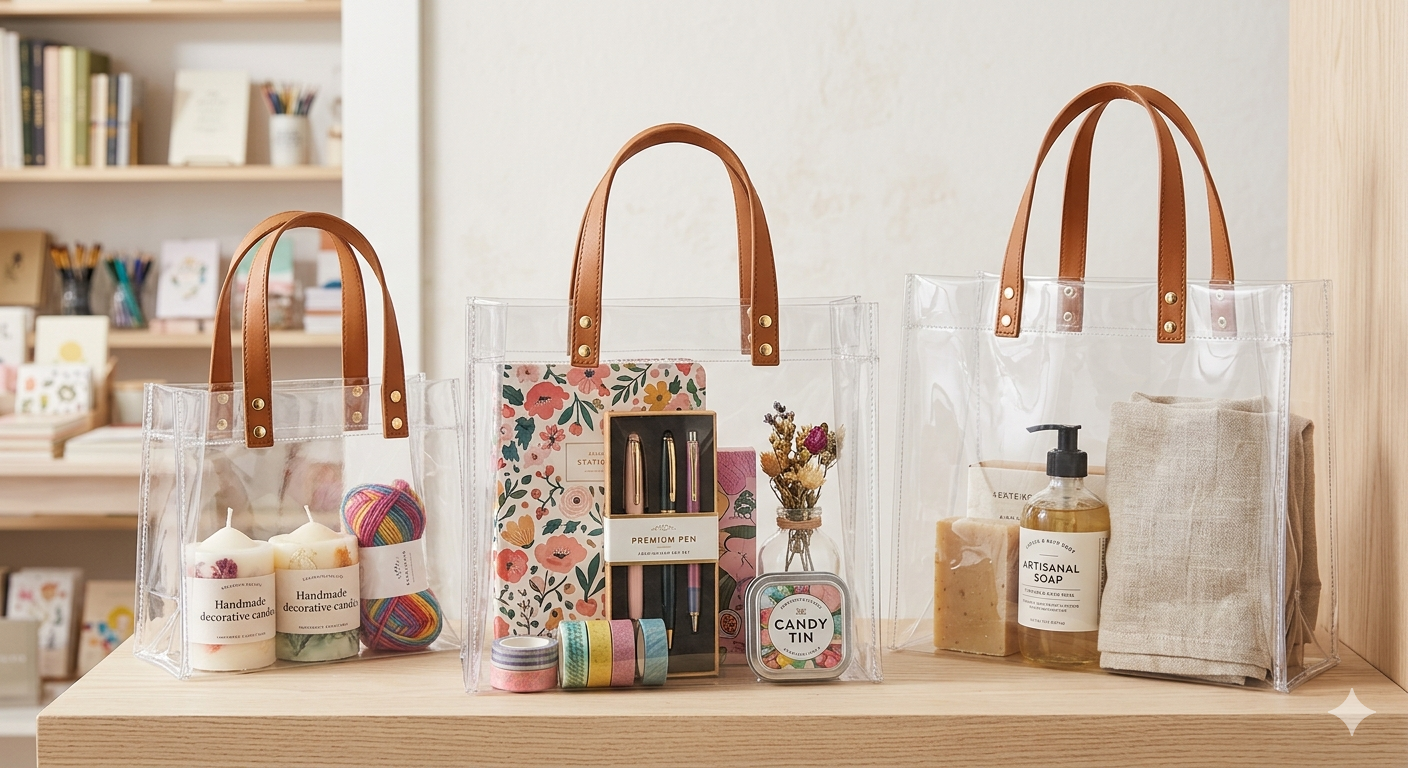 Premium Transparent PVC Gift Bag with Leather Handle – Clear Plastic Packing Bag