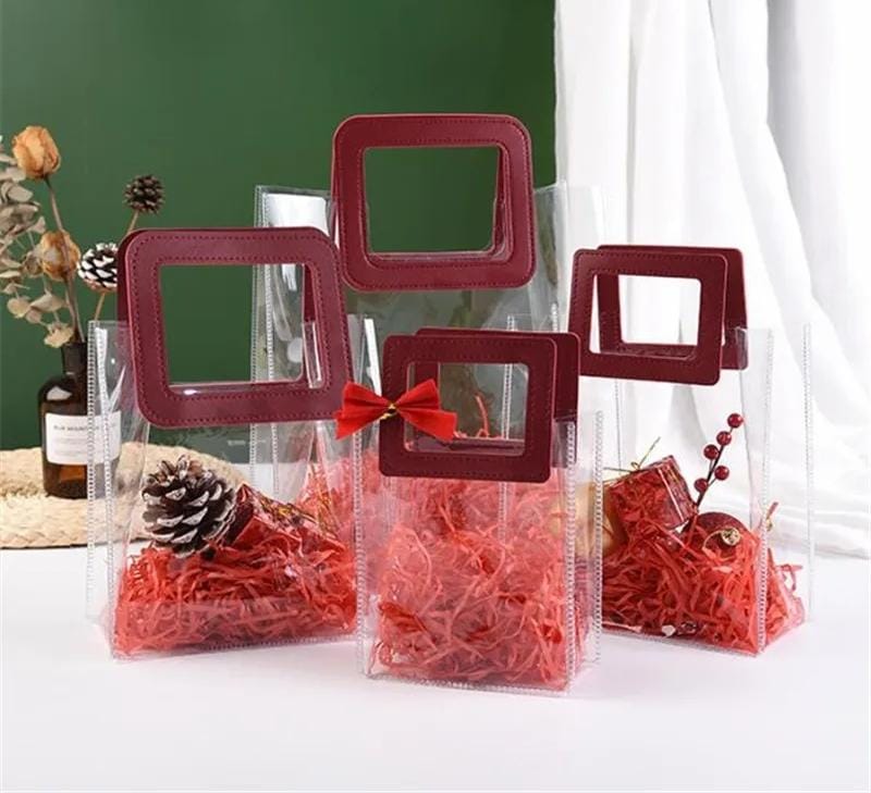 Premium Transparent PVC Gift Bag with Leather Handle – Clear Plastic Packing Bag