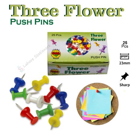 Three Flower Thumb Push Pins Pack of 25 Pins